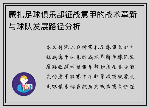 蒙扎足球俱乐部征战意甲的战术革新与球队发展路径分析