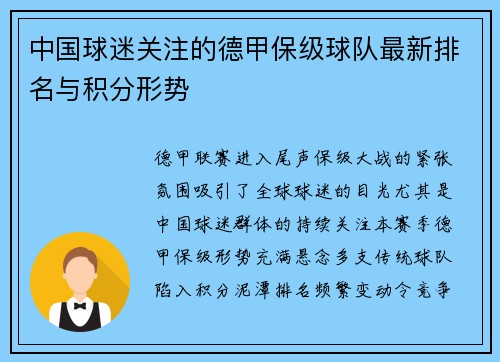 中国球迷关注的德甲保级球队最新排名与积分形势